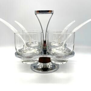 Vintage Mid Century Milbern Chrome & Wood Condiment Caddy 4 Glasses & Spoons